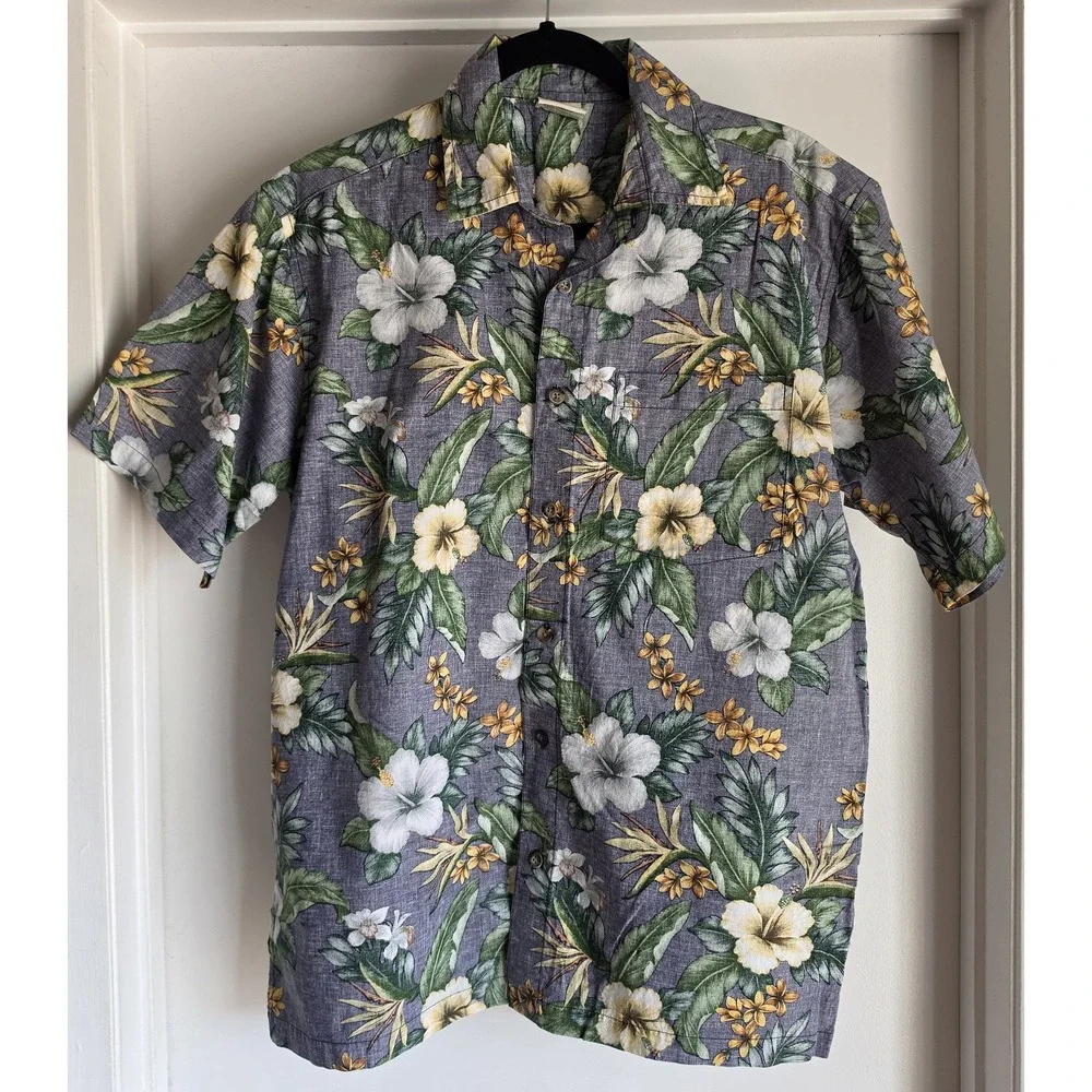 Go Barefoot Men M Floral Cotton Shirt Short Sleeve Collared Grey Green